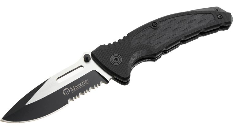 Maserin 42004G10N Sport Folding Knife 3.25 inch Two-Tone Combo Blade, Black G10 Handles