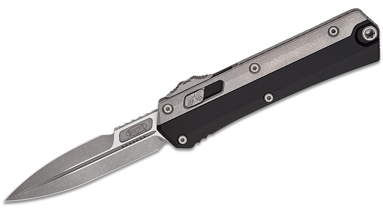 Microtech 184-10AP Glykon AUTO OTF Knife 3.75 inch Apocalyptic Double Edge Bayonet Blade, Black Aluminum Handles with Titanium Overlays