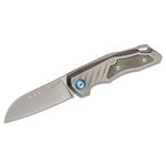 MKM Knives Jens Anso Root Slipjoint Folding Knife 2.8 inch M390 Satin Sheepsfoot Blade, Titanium Handles with Green Canvas Micarta Inlays, Leather Sheath