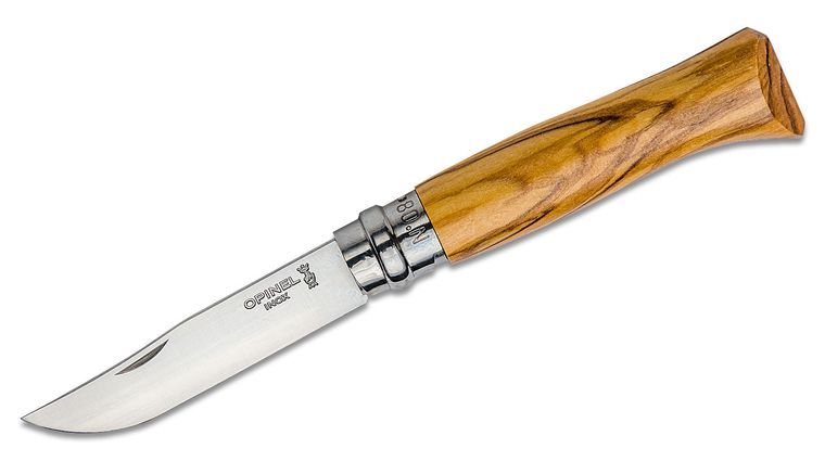 Opinel N08 Folding Knife 3.28 inch Sandvik 12C27 Stainless Plain Blade, Olive Wood Handle