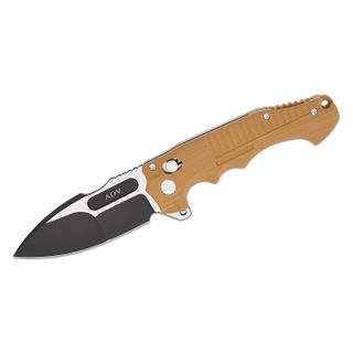 Andre De Villiers Knives Bullshark Crossbar Lock Flipper Knife 4 inch AUS-10 Two-Tone Compound Spear Point Blade, Milled Tan G10 Handles