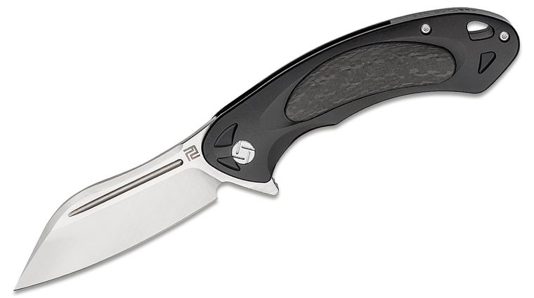 ArtisanCutlery Eterno Flipper Knife 3.54 inch Satin M390 Modified Sheepsfoot Blade, Black Titanium Handles with Carbon Fiber Inlays