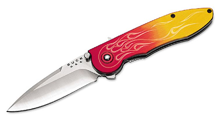 Buck 297 Sirus Red/Gold Assisted Opener Flame Graphic 3 1/4