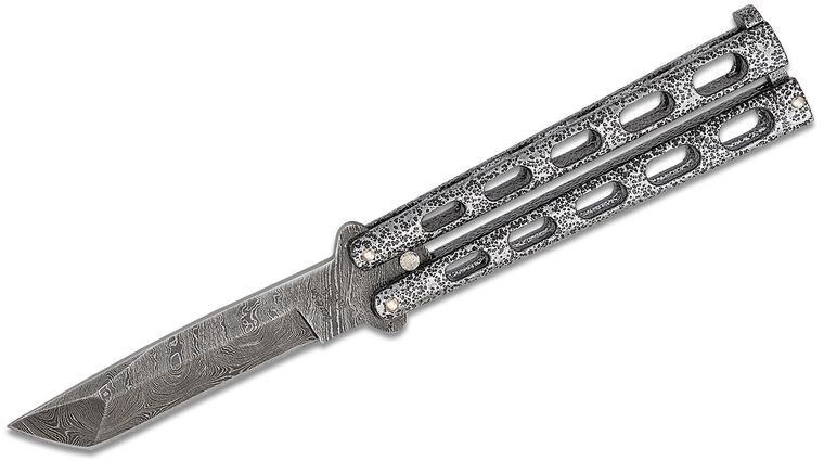 Bear & Son 114AD Balisong Butterfly Knife 3.875 inch Damascus Tanto Blade, Silver Vein Zinc Handles