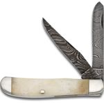 Bear & Son WSB07D Damascus Mini Trapper 3.5 inch Closed, Smooth White Bone Handles