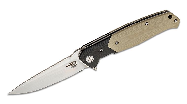 Bestech Knives Swordfish Flipper Knife 4 inch D2 Satin Blade, Beige and Black G10 Handles