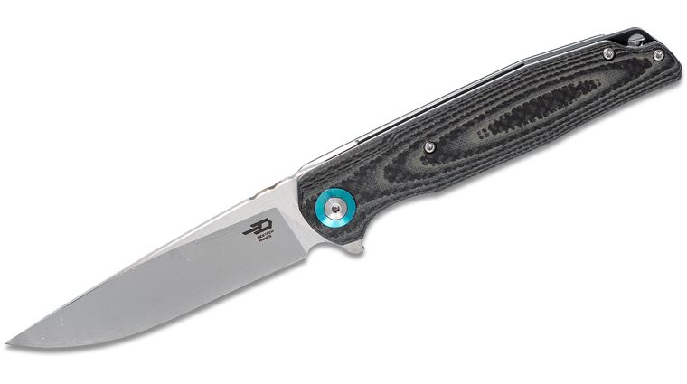 Bestech Knives Ascot Flipper Knife 3.9 inch D2 Satin Drop Point Blade, Beige G10 & Carbon Fiber Handles