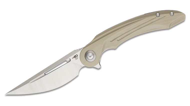 Bestech Knives Kombou Irida Flipper Knife 3.82 inch 14C28N Straight Back Blade, Milled Beige G10 Handles