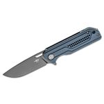 Bestech Knives Circuit Flipper Knife 3.23 inch K110 (D2) Gray Titanium Drop Point Blade, Milled Contoured Gray (Blue) G10 Handles