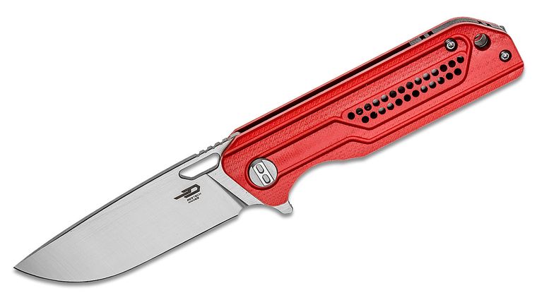 Bestech Knives Circuit Flipper Knife 3.23 inch K110 (D2) Satin Drop Point Blade, Milled Contoured Red G10 Handles