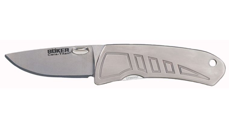 Boker Lockback Folder 2 Ceramic Blade, Titanium Handles with Blue Accents  - KnifeCenter - 112031 - Discontinued