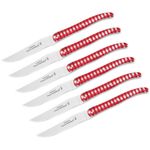 Claude Dozorme 4 inch Laguiole Steak Knives, Set of 6, Red and White Vichy Handles, Wooden Gift Box