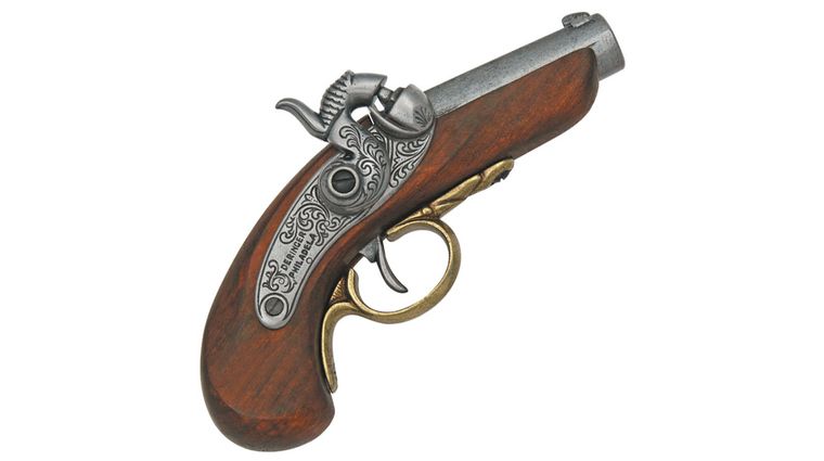 Denix Replica 1680 Italian 3-Barrel Flintlock Pistol, Brass, Non