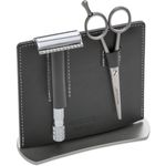 DOVO 2 Piece Grooming Set with 4 inch Merkur Long Handle Safety Razor and Moustache Scissors, Black Leather Stand