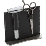 DOVO 2 Piece Grooming Set with Merkur #70 Futur Safety Razor and Moustache Scissors, Black Leather Stand