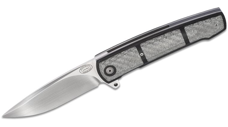 Herucus Blomerus Custom LL 07 Flipper Knife 3.43 inch N690 Hand Rubbed Satin Blade, Black G10 Handles with Silver Twirl Carbon Fiber Inlays