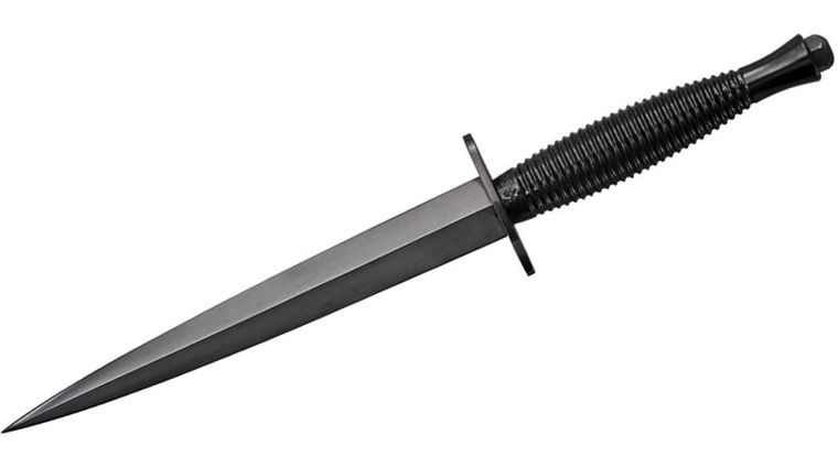Sheffield SHE006 Fairbairn Sykes British Commando Dagger Black Blade, Leather Sheath - KnifeCenter