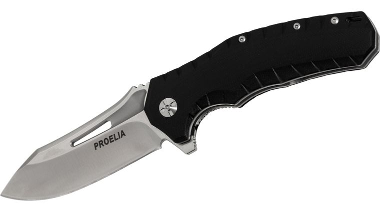 Proelia Knives TX020 Tactical Folder 4 inch Satin D2 Drop Point Blade, Black G10 Handles