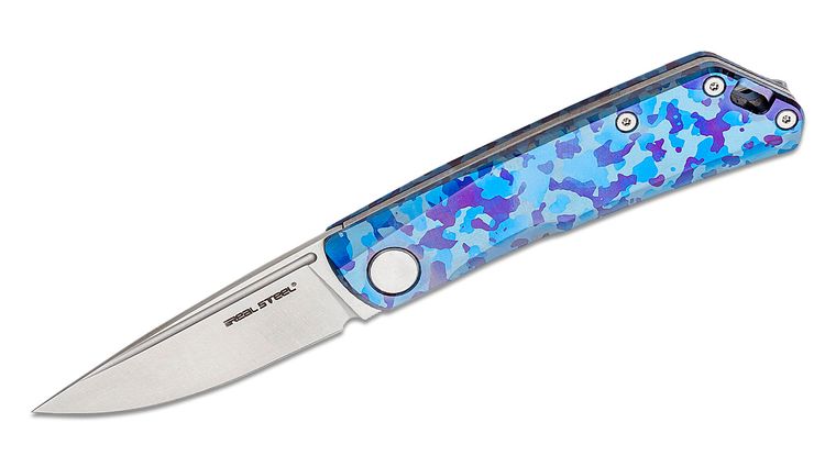 Real Steel Knives Luna Slipjoint Folding Knife 2.76 inch N690 Satin Drop Point Blade, Blue Camo Titanium Handles