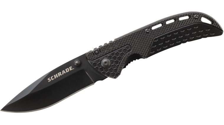 Schrade SCH212 3" Black Drop Point Plain Blade, Black Aluminum Handles ...