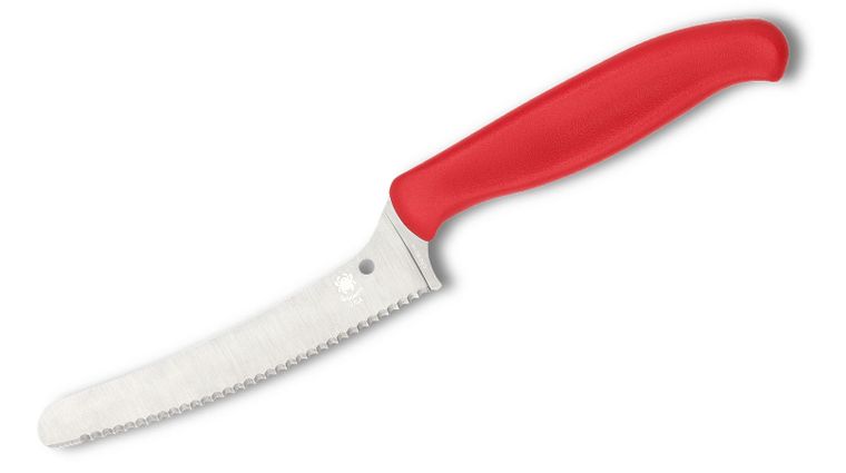 Spyderco Z-Cut Offset Kitchen Knife 4.32 inch CTS-BD1N Blunt Tip Serrated Blade, Red Polypropylene Handle