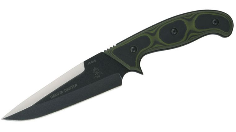 TOPS Knives Dakota Drifter Fixed 5-3/4 inch 1095 Carbon Blade, Green/Black G10 Handles, Nylon Sheath