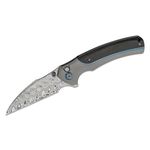 We Knife Company Limited Edition Ziffius Flipper Knife 3.7 inch Heimskringla Damasteel Wharncliffe Blade, Gray Titanium Handles with Twill Carbon Fiber Inlay, Chidori Clip