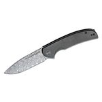 We Knife Company Beacon Flipper Knife 3.48 inch Hakkapella Damasteel Drop Point Blade, Black Stonewashed Titanium Handles