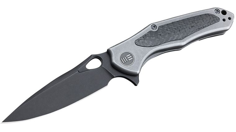 We Knife Company 804E Vapor Flipper Knife 2.95 inch S35VN Black Stonewashed Blade, Stonewashed Titanium Handles with Carbon Fiber Inlays