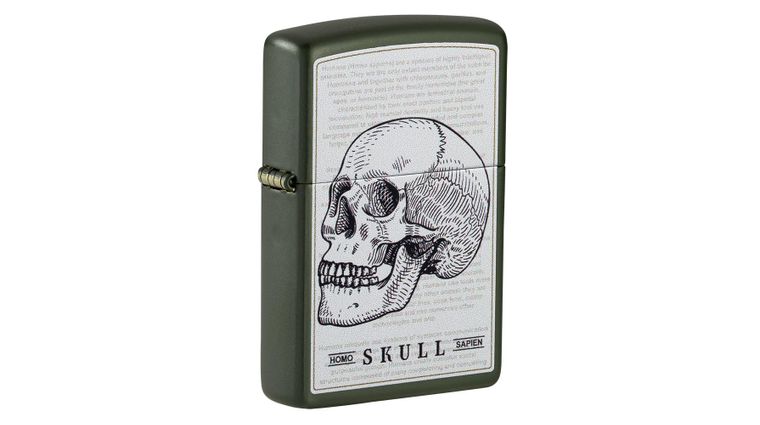 Zippo Lighter Green Matte, Skull Anatomy Manuscript - KnifeCenter 