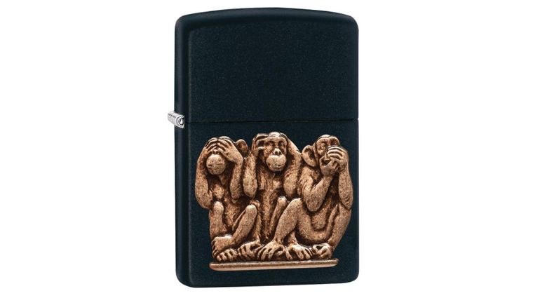 Zippo Lighter Black Matte, Three Monkeys Emblem