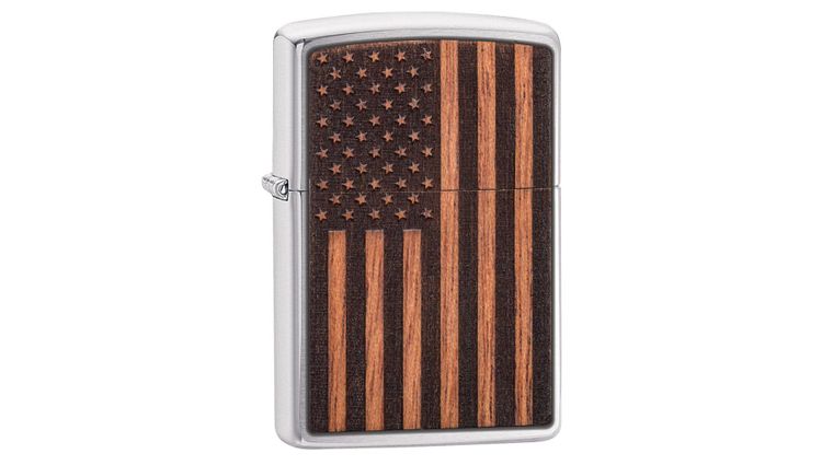 Zippo Lighter Woodchuck USA, Brushed Chrome, Mahogany American Flag