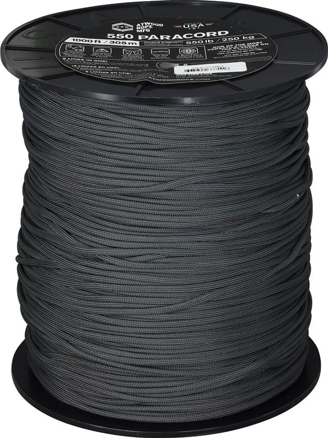 Atwood Rope 550 Paracord, Stealth Gray, 1000 Foot Spool - KnifeCenter -  RG143S