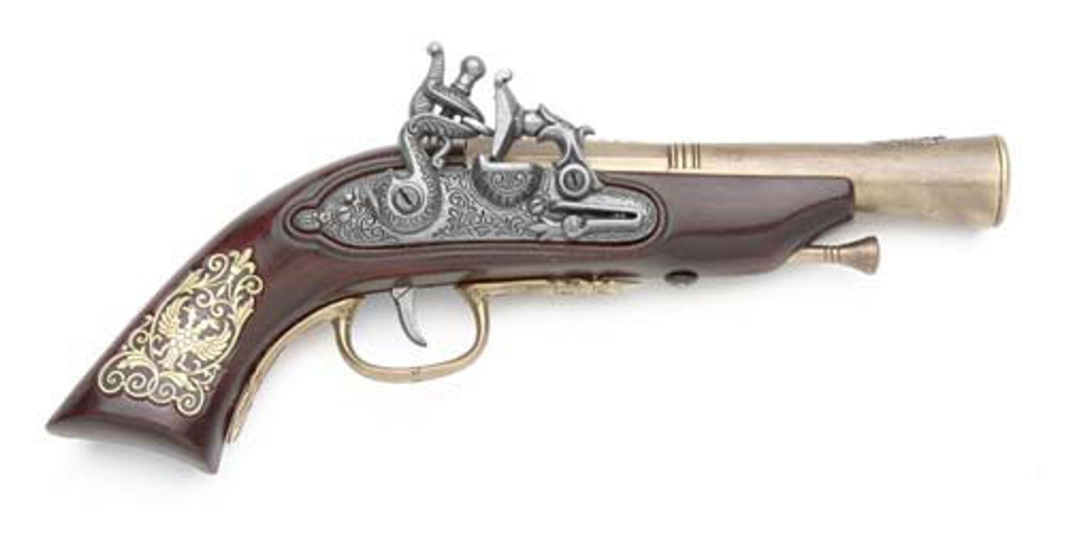 Denix Replica 1680 Italian 3-Barrel Flintlock Pistol, Brass, Non