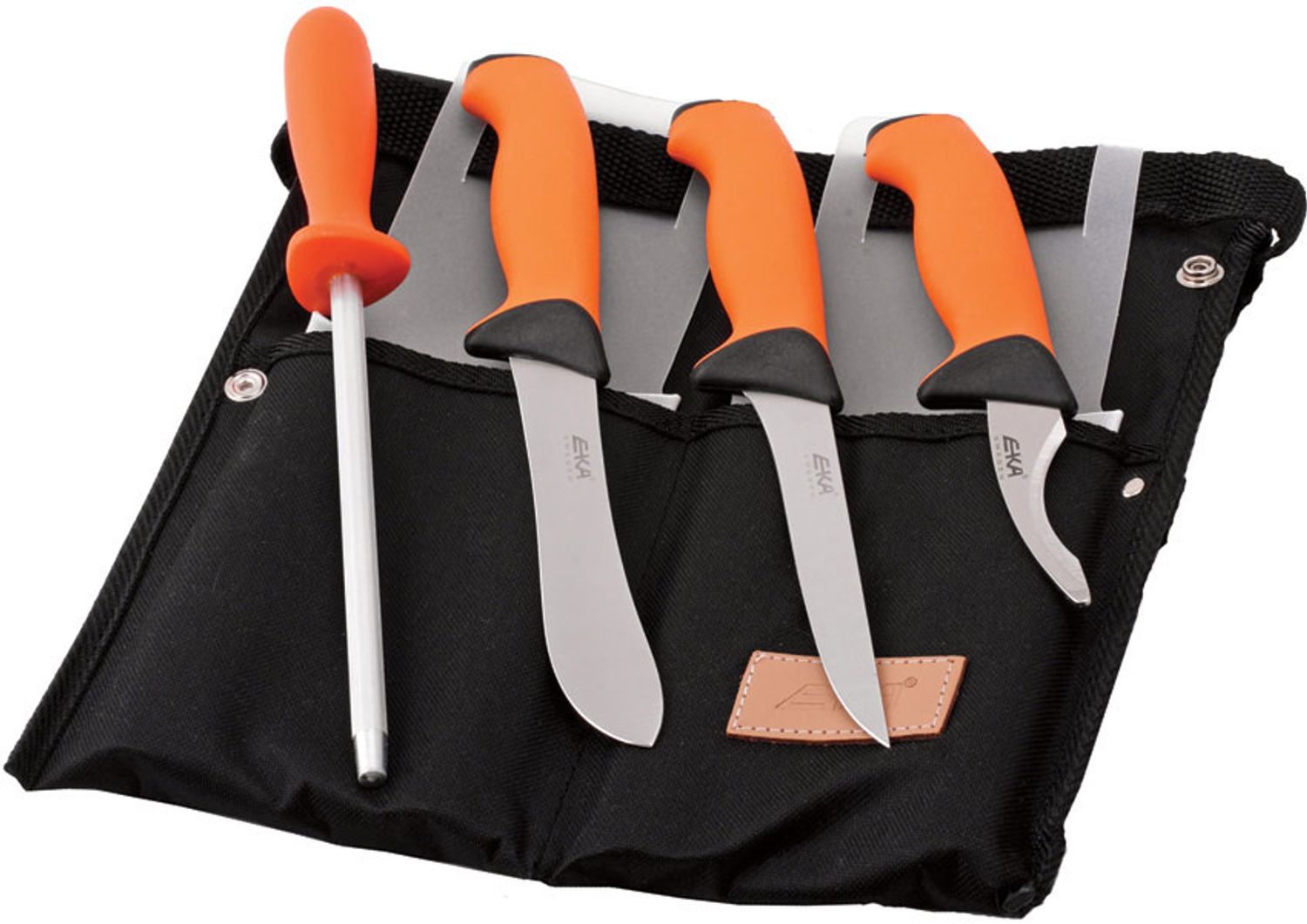 EKA Butcher Set - Skinning, Boning, Gut Hook & Sharpening Steel, Orange  Santoprene Handles - KnifeCenter - EKA-730403 - Discontinued