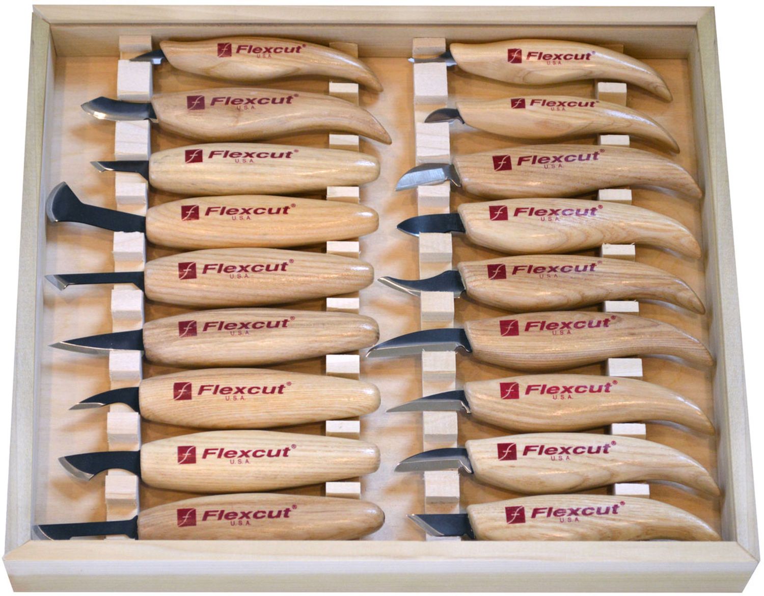 Flexcut 18-Piece Deluxe Knife Set, 18 Different Style Blades, Ash Wood  Handles, Storage Box - KnifeCenter - FLEXKN250