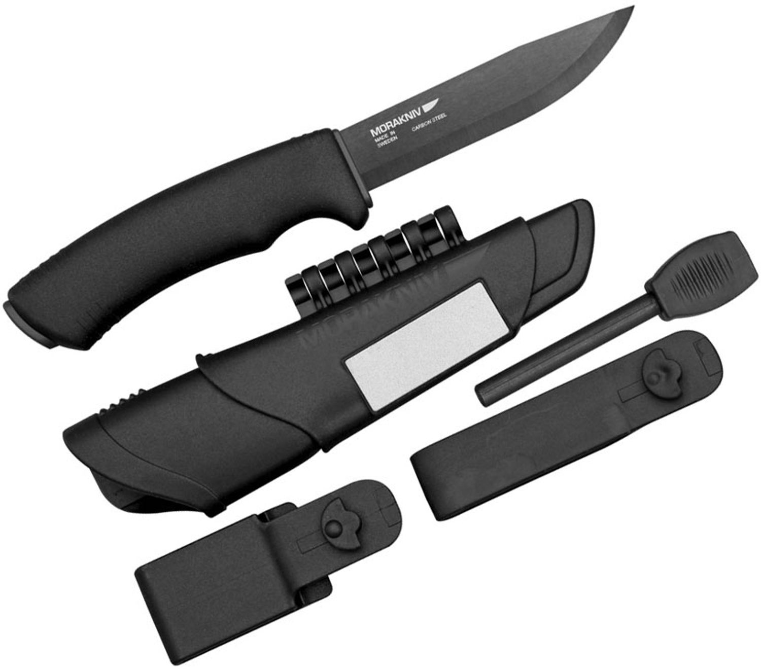Morakniv Mora of Sweden Bushcraft Black Survival Knife 4.125 Black Carbon  Steel Blade, Fire Starter and Sheath, Black Rubberized Handle - KnifeCenter  - M-11742