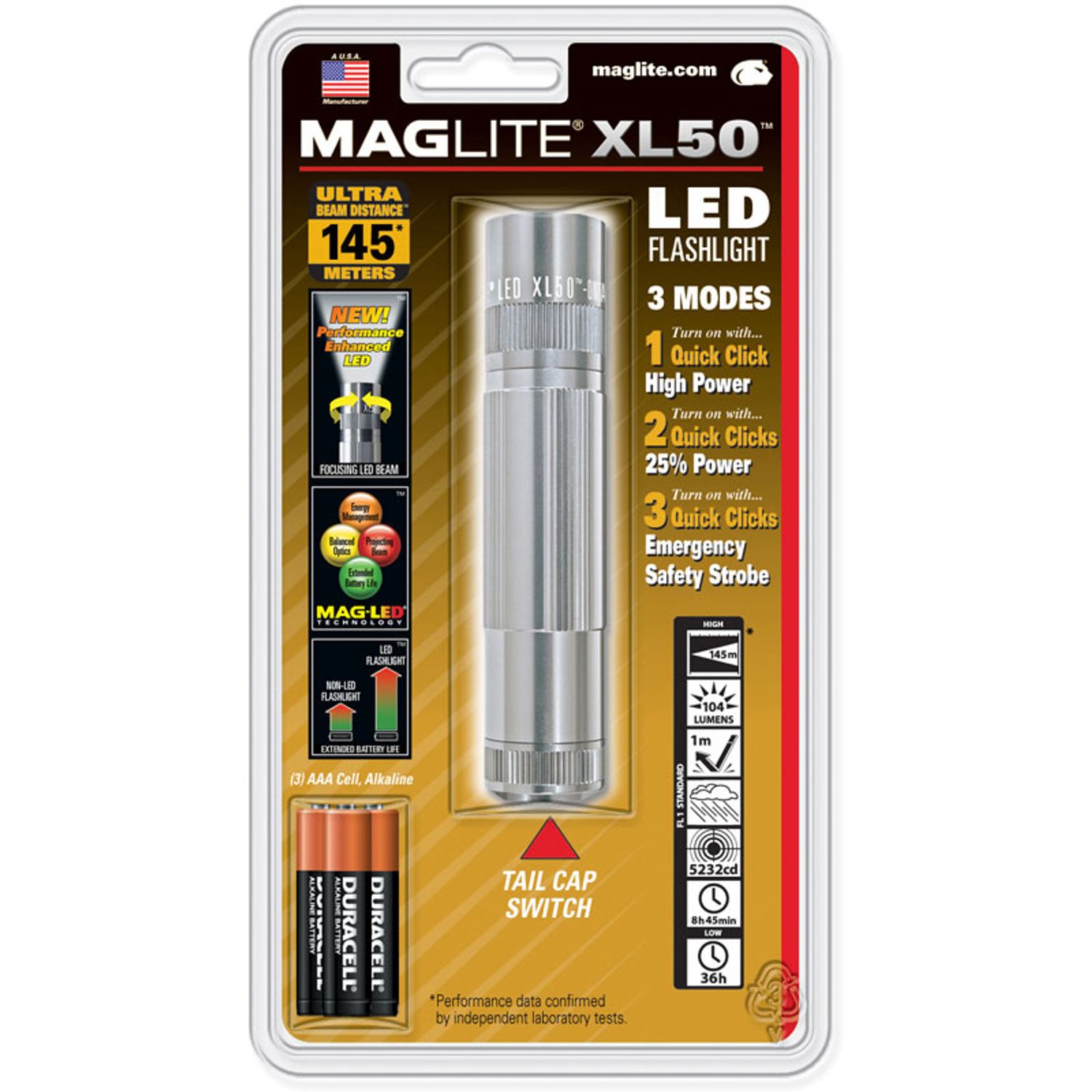 Maglite XL50 LED Flashlight, Silver, 3 Selectable Modes, 104 Max