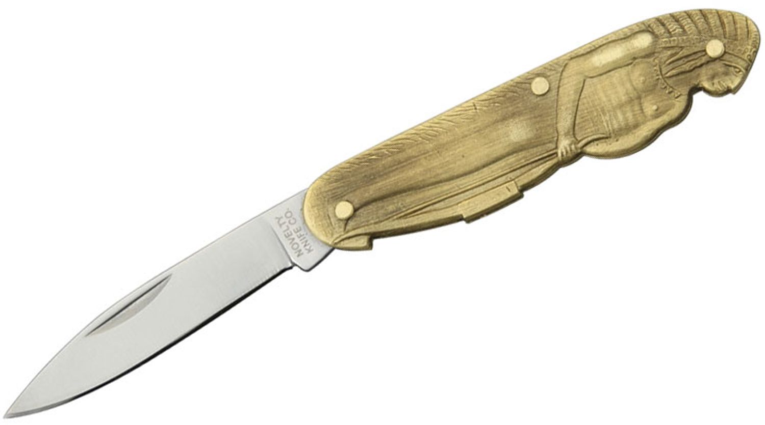 Novelty Knife Company Sculpted Brass Indian Folding Pen Knife 2-3