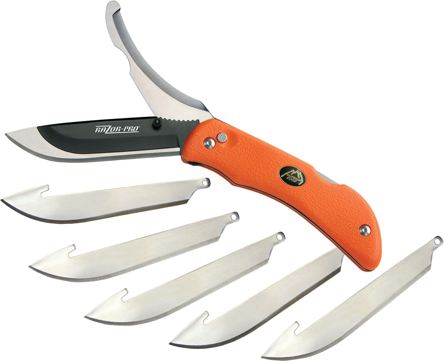 Outdoor Edge Razor-Pro Folding Hunter 3.5 Replaceable Blade with Gutting  Blade, Orange TPR Handles, Mossy Oak Nylon Sheath - KnifeCenter - RO-20