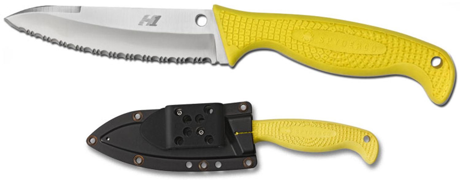 Spyderco Yellow Aqua SALT Fixed 4-11/16 H1 Steel Serrated Blade with  Sheath Model FB23SYL - KnifeCenter - SPFB23SYL - Discontinued