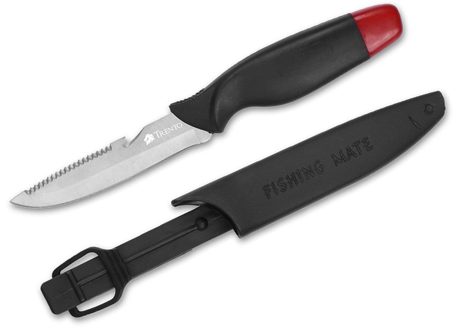 Trento Knives Fisherman 250 Fixed Blade Knife 3.98 420C Satin with Fish  Scaler, Red/Black Polymer Handles, Molded Plastic Sheath - KnifeCenter -  131597 - Discontinued