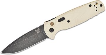 Benchmade 9570BK-1 Mini Claymore AUTO Folding Knife 3 CPM-D2 Cobalt Black  Drop Point Plain Blade, Desert Tan Grivory Handles - KnifeCenter