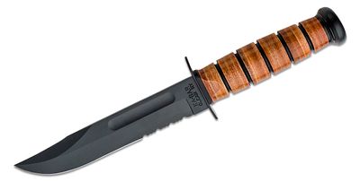 KA-BAR 1219 US Army Fighting Knife 7 inch Combo Blade, Leather Handles, Leather Sheath