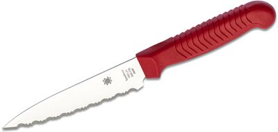 Spyderco Kitchen Utility Knife 4.5 inch Serrated Blade, Red Polypropylene  Handle