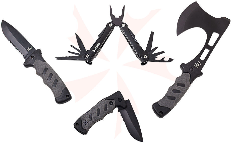 12 Survivors Knife Rollup Kit with Fixed Blade, Folding Knife