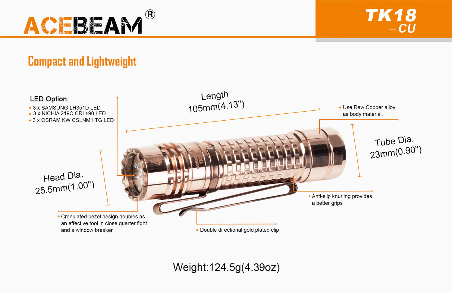 AceBeam TK18 LED Flashlight, Copper, 3000 Max Lumens - KnifeCenter