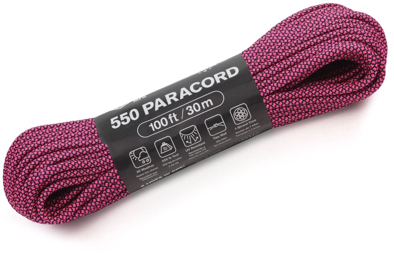 Atwood Rope 550 Paracord, Black/Hot Pink Diamonds, 100 Feet - KnifeCenter -  RG1315H