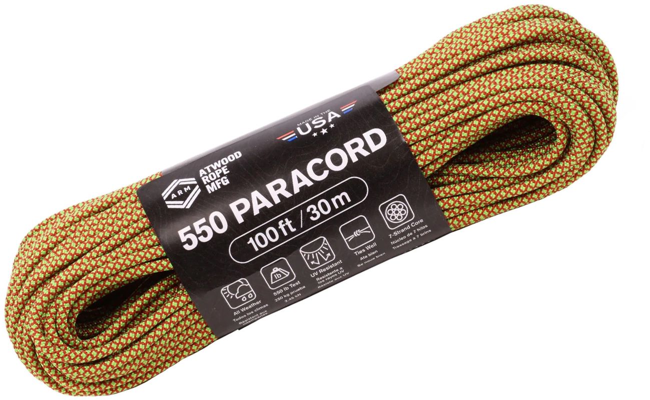 Atwood Rope 550 Paracord, Red/Sour Apple Diamonds, 100 Feet