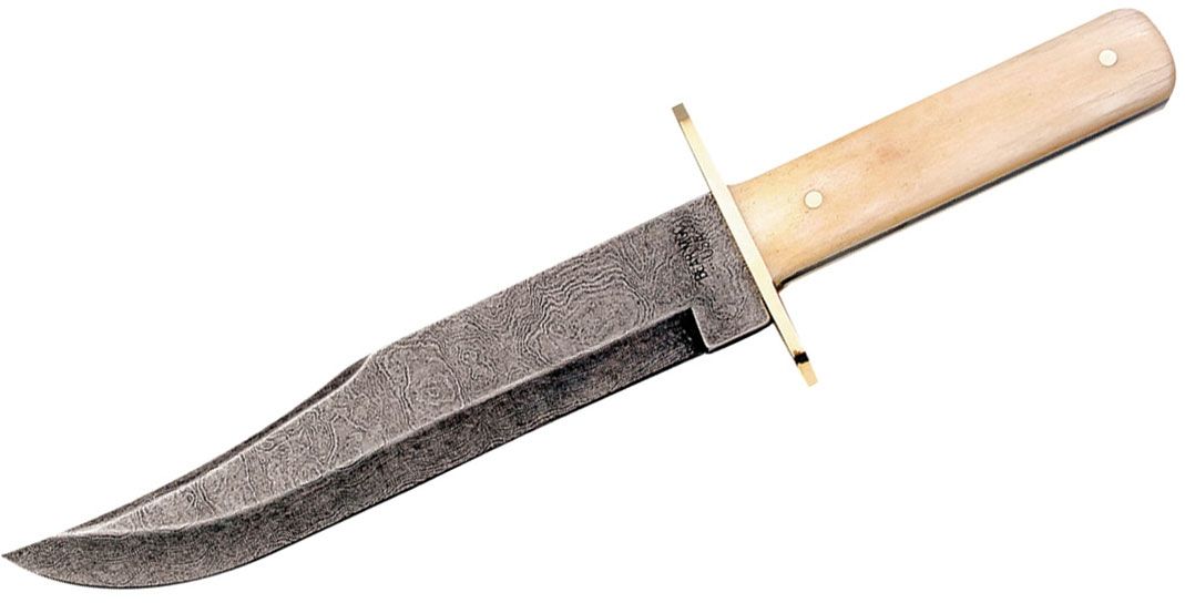 Bear & Son Bowie Knife Fixed 9 Damascus Blade, Smooth White Bone Handles,  Brown Leather Sheath - KnifeCenter - WSB02D